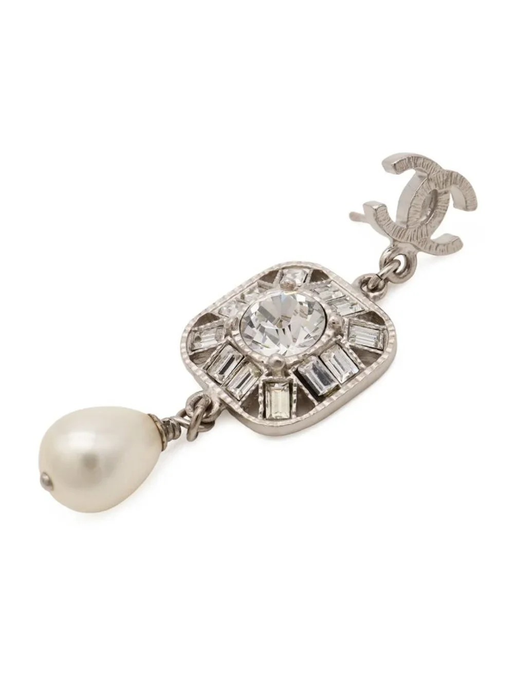 Chanel CC Logo Bijou Pearl Earrings Swing Metal Faux Silver White